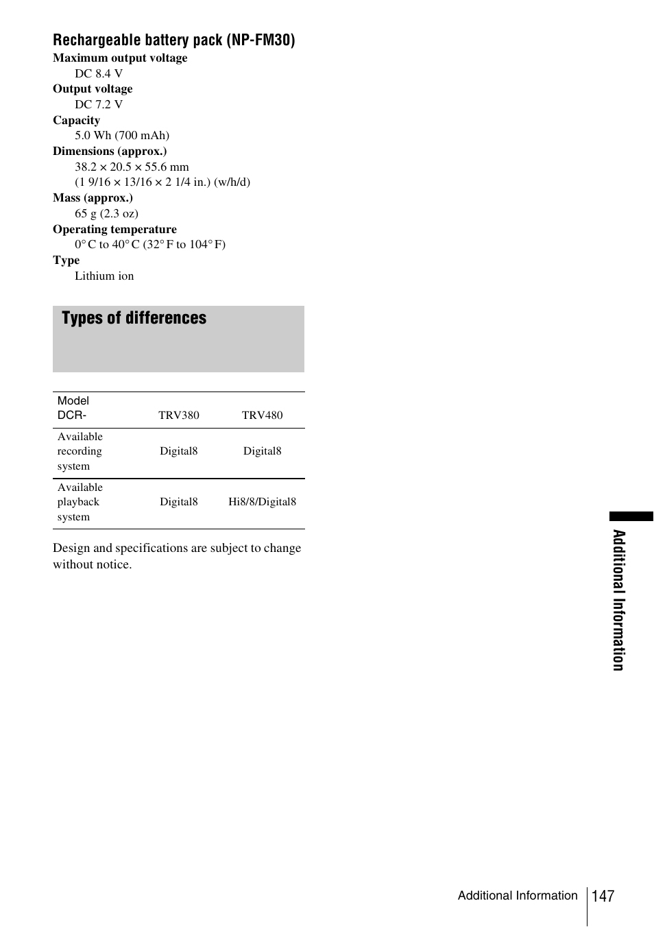 Types of differences | Sony DCR-TRV480 User Manual | Page 147 / 156