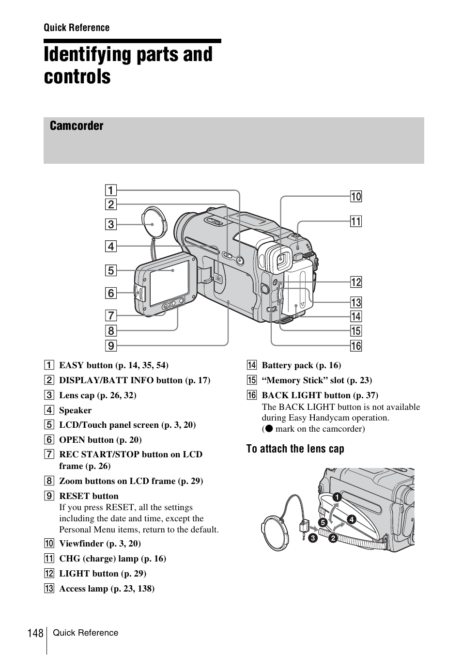 Quick reference, Identifying parts and controls, P. 148) | Sony DCR-TRV480 User Manual | Page 148 / 156