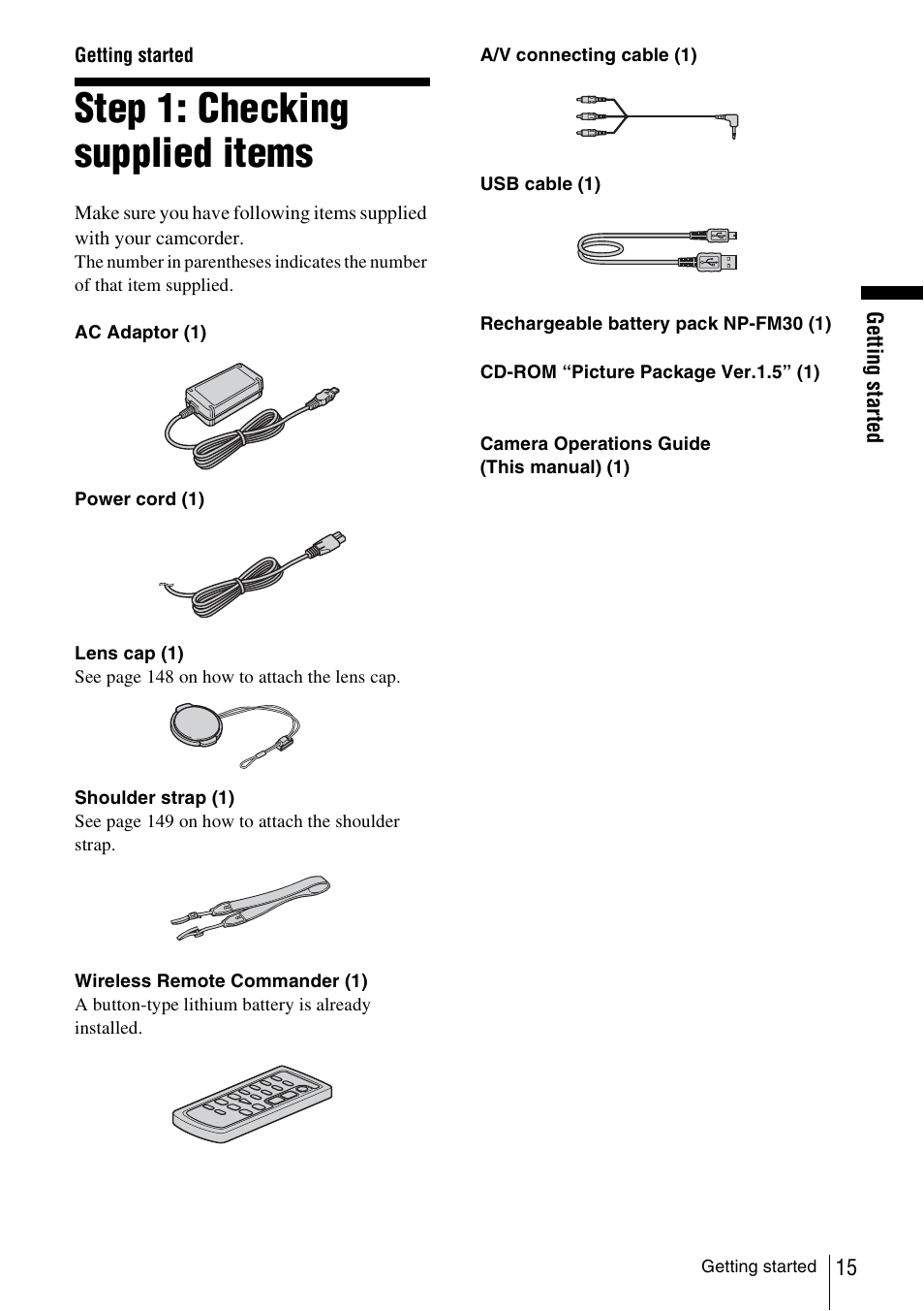 Getting started, Step 1: checking supplied items | Sony DCR-TRV480 User Manual | Page 15 / 156