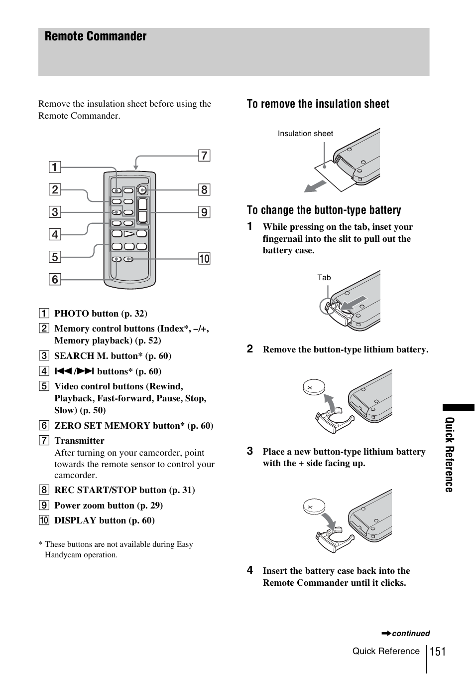 P. 151), Remote commander | Sony DCR-TRV480 User Manual | Page 151 / 156