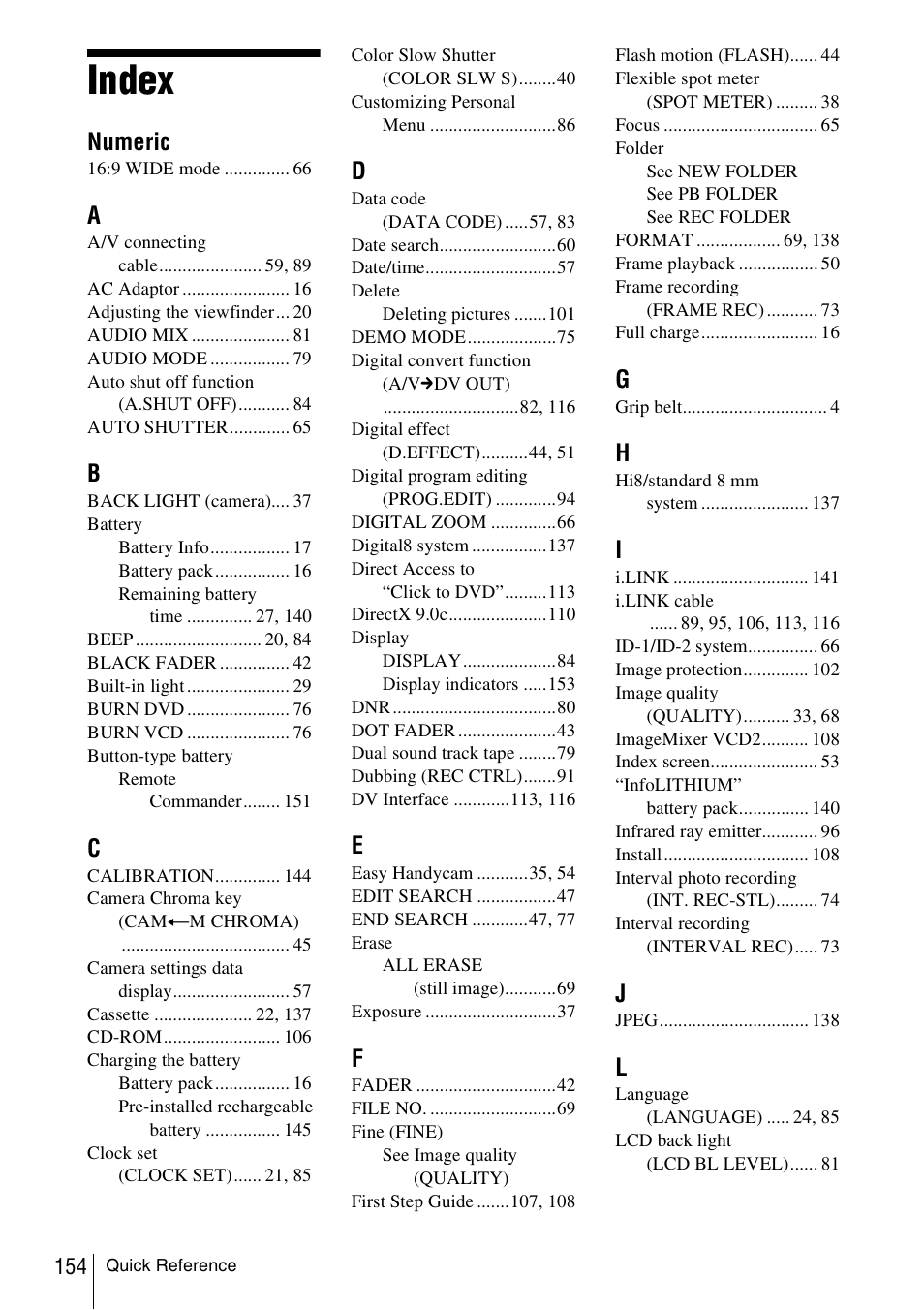 Index, Numeric | Sony DCR-TRV480 User Manual | Page 154 / 156