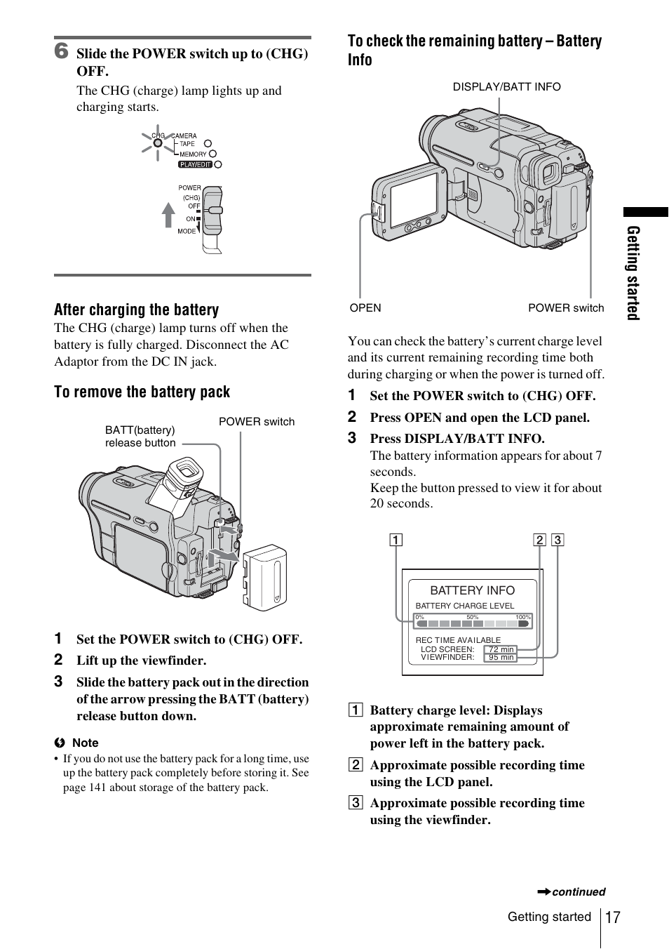 Get ting st art e d 17, After charging the battery | Sony DCR-TRV480 User Manual | Page 17 / 156