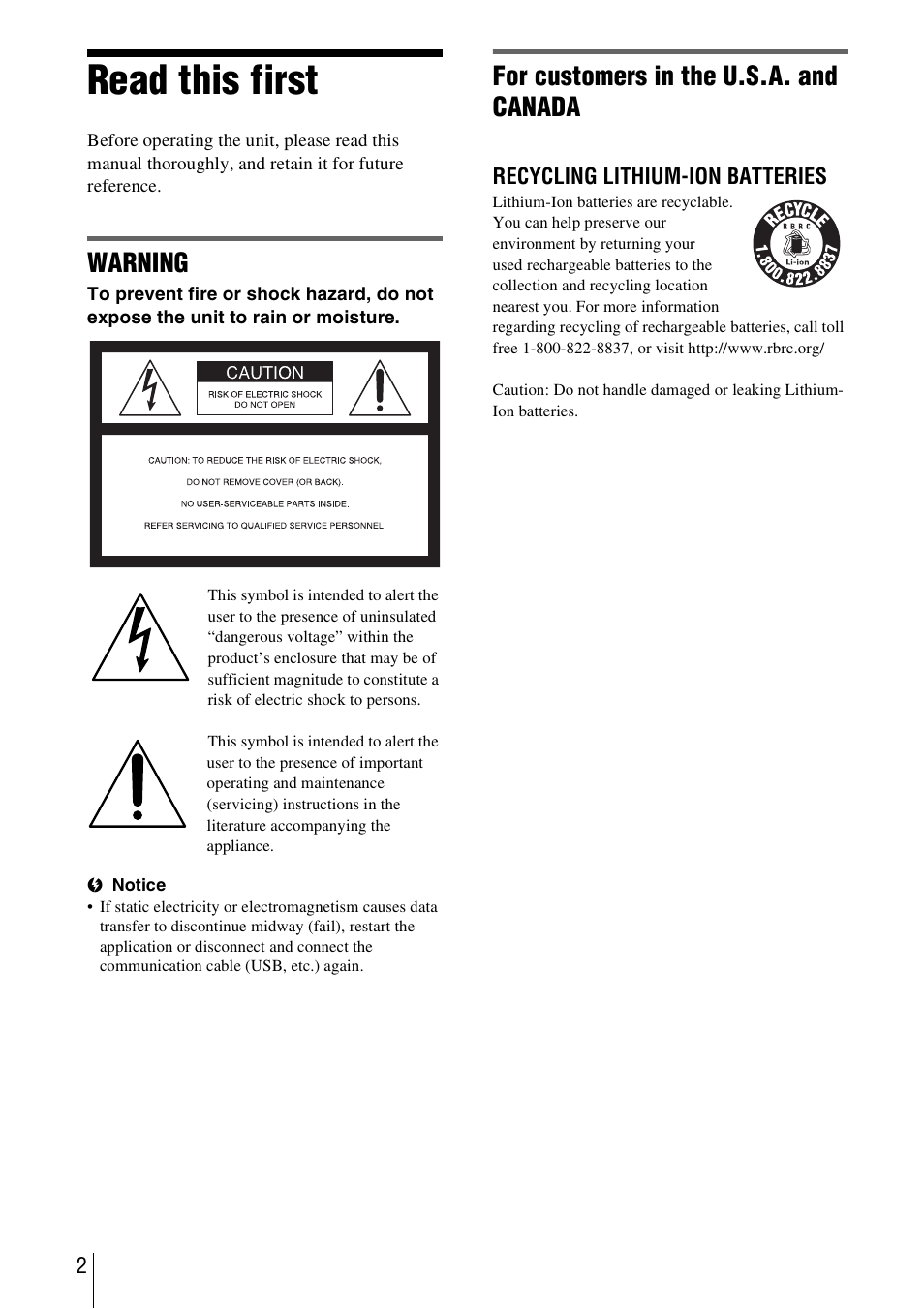 Read this first, Warning, For customers in the u.s.a. and canada | Sony DCR-TRV480 User Manual | Page 2 / 156