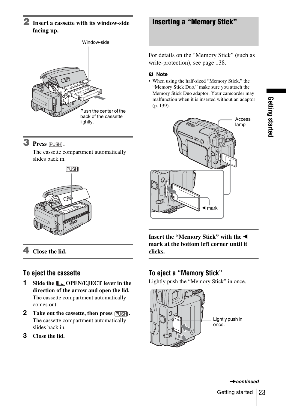 Inserting a “memory stick | Sony DCR-TRV480 User Manual | Page 23 / 156