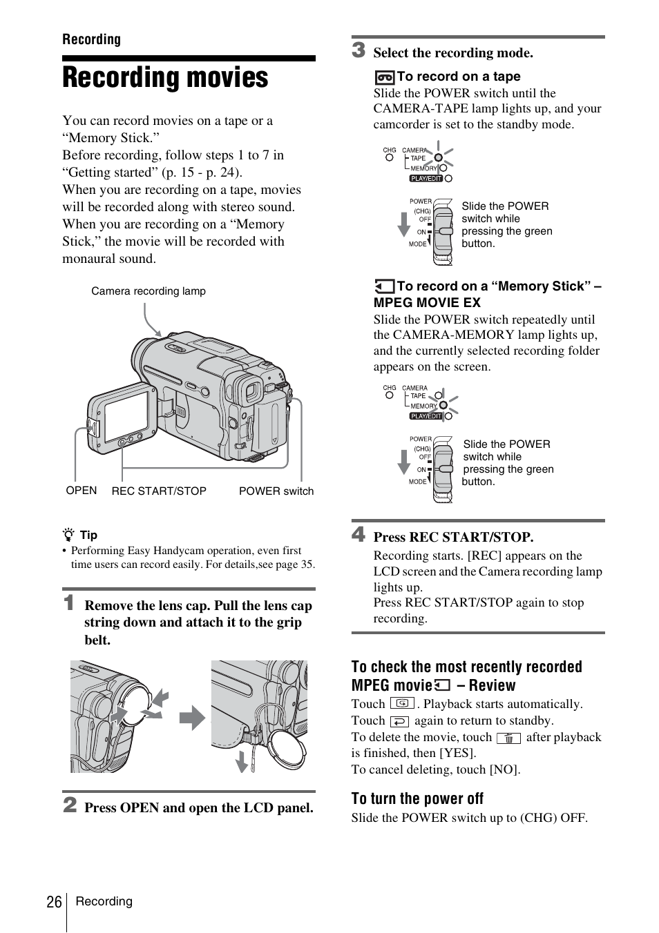 Recording, Recording movies | Sony DCR-TRV480 User Manual | Page 26 / 156