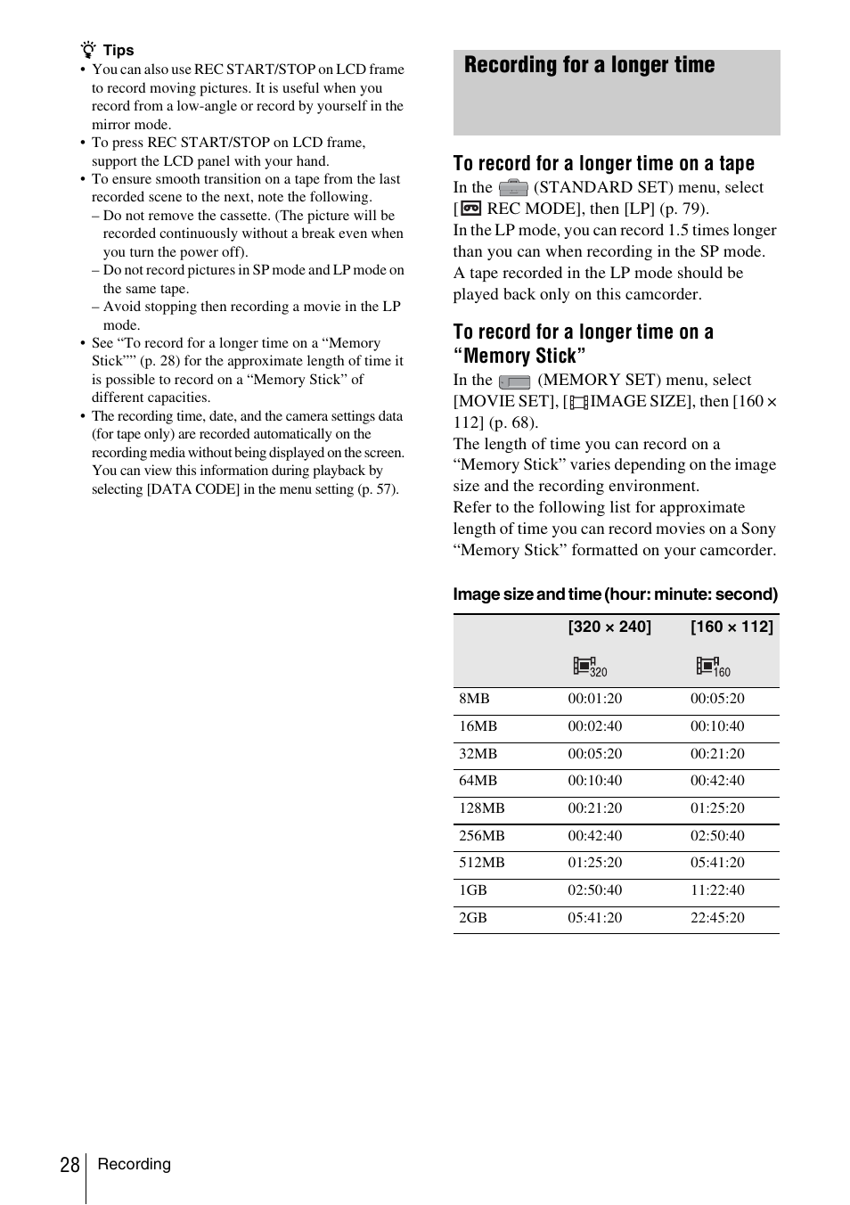 Recording for a longer time | Sony DCR-TRV480 User Manual | Page 28 / 156