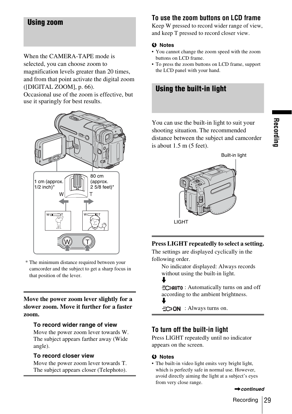 Using zoom, Using the built-in light, Using zoom using the built-in light | Recor d ing | Sony DCR-TRV480 User Manual | Page 29 / 156