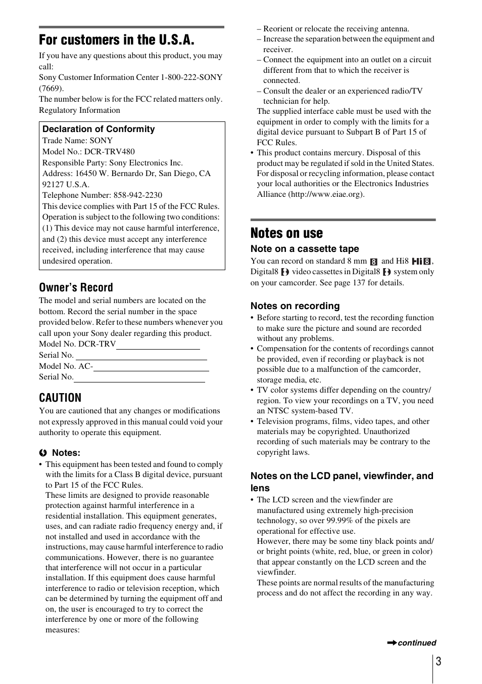 For customers in the u.s.a, Owner’s record, Caution | Sony DCR-TRV480 User Manual | Page 3 / 156