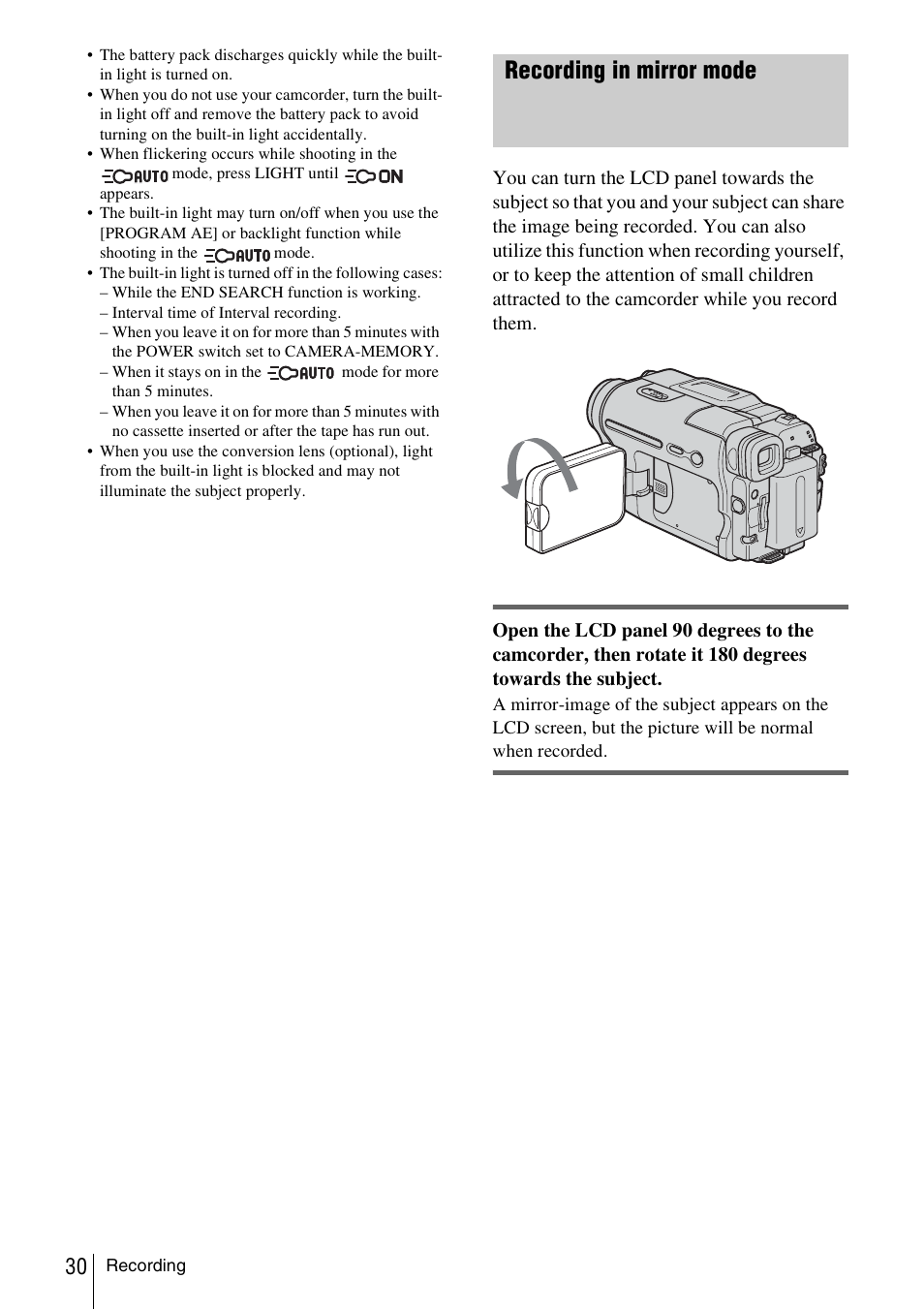 Recording in mirror mode | Sony DCR-TRV480 User Manual | Page 30 / 156