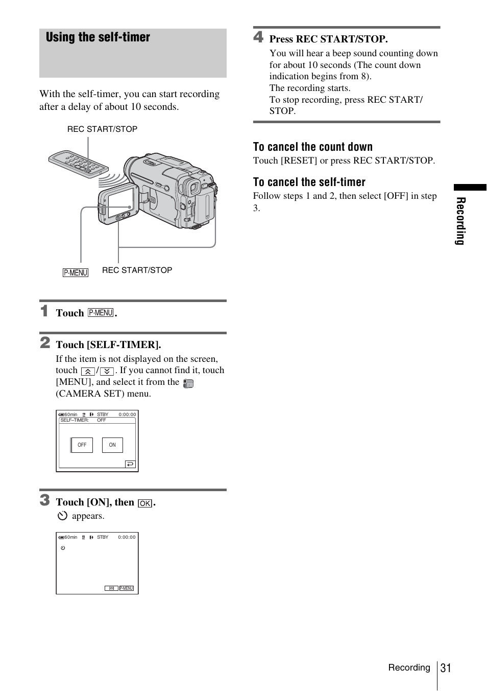 Using the self-timer, Recor d ing | Sony DCR-TRV480 User Manual | Page 31 / 156