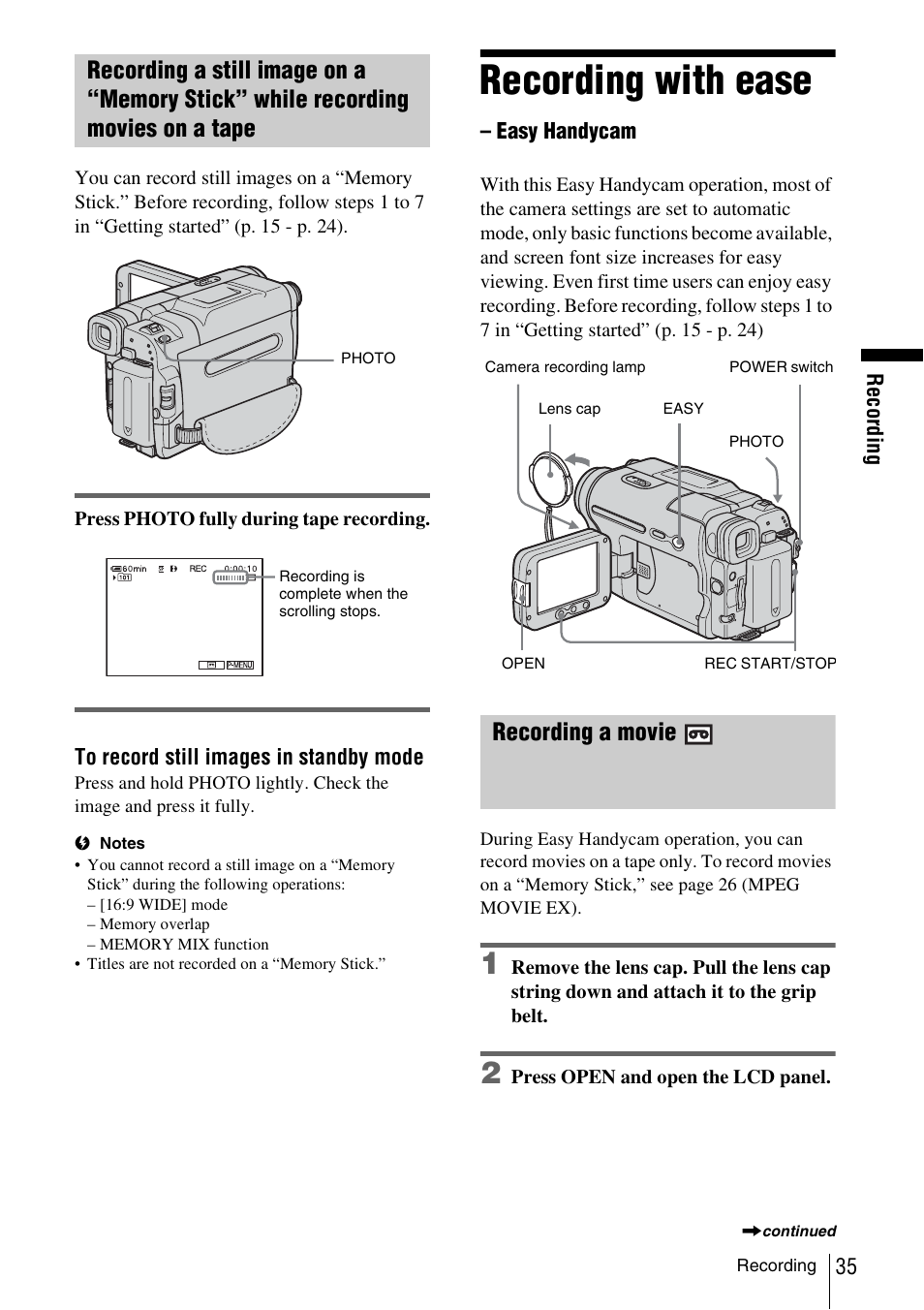 Recording with ease – easy handycam, Recording a movie, Recording with ease | Sony DCR-TRV480 User Manual | Page 35 / 156