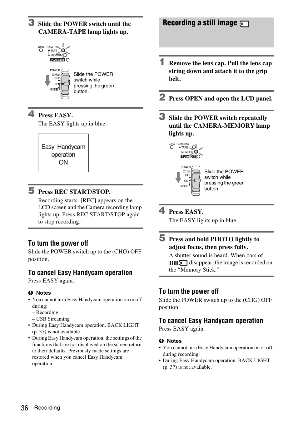 Recording a still image | Sony DCR-TRV480 User Manual | Page 36 / 156