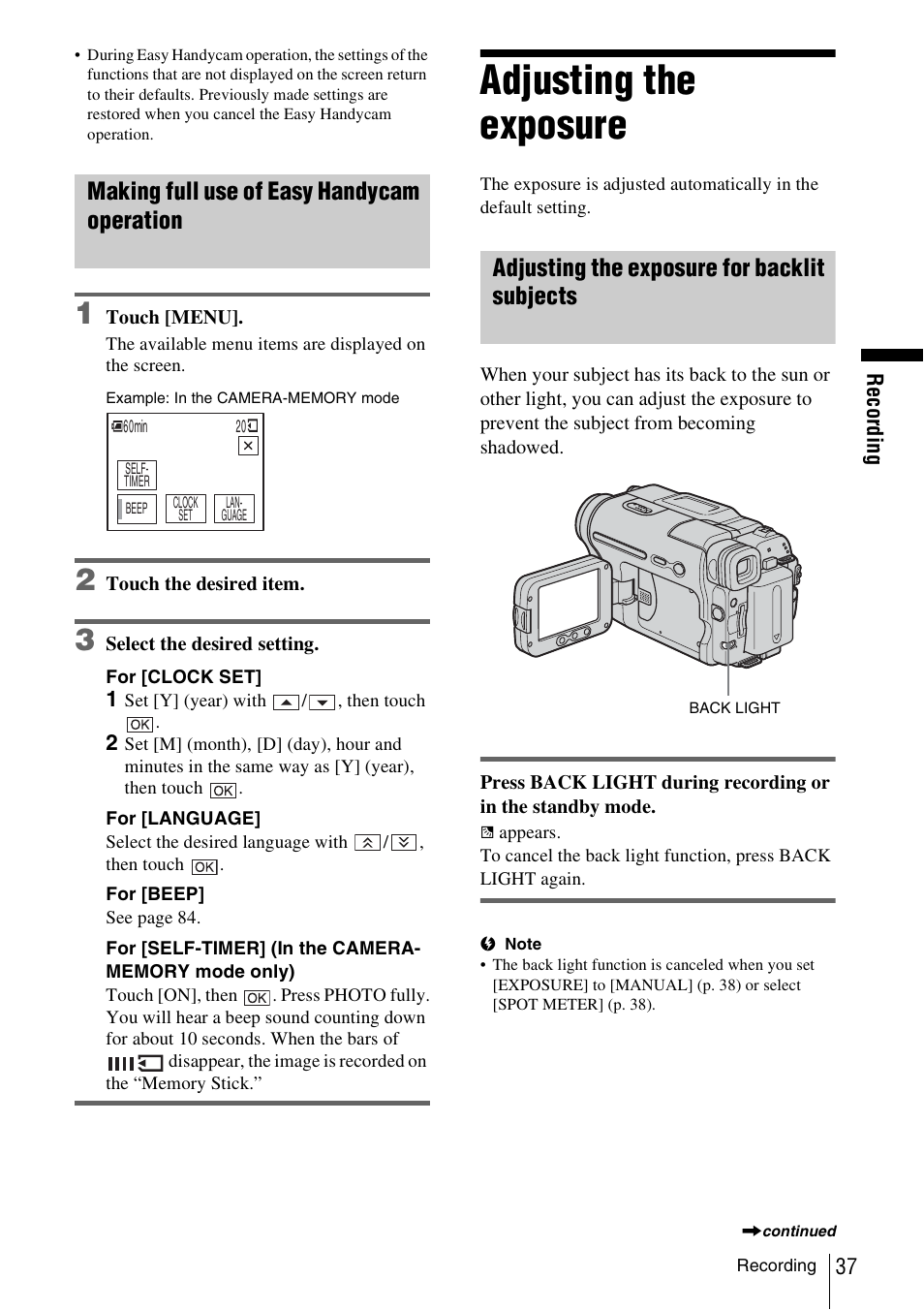 Making full use of easy handycam operation, Adjusting the exposure, Adjusting the exposure for backlit subjects | P. 37) an | Sony DCR-TRV480 User Manual | Page 37 / 156