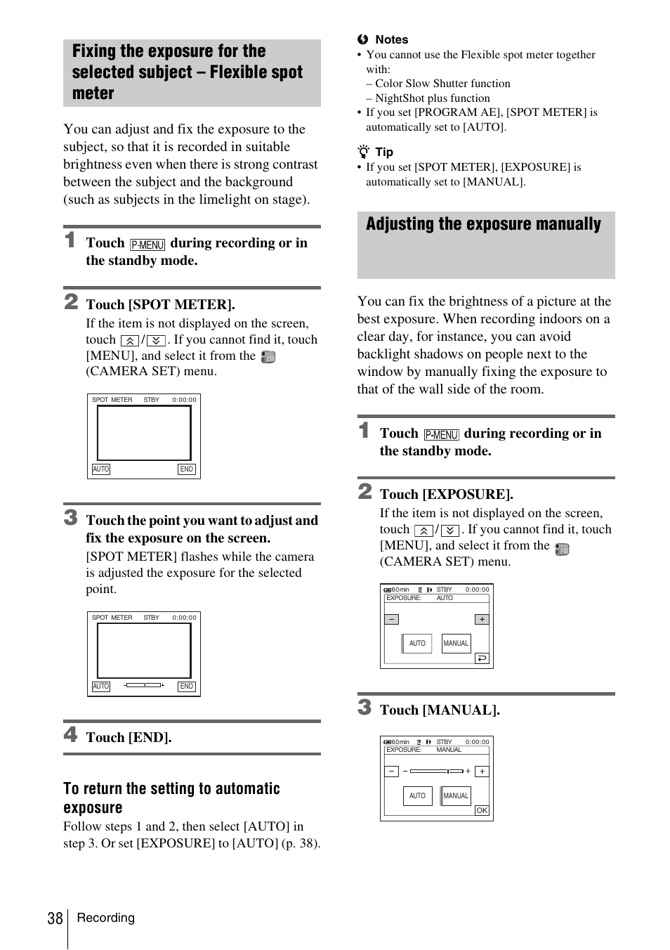 Adjusting the exposure manually | Sony DCR-TRV480 User Manual | Page 38 / 156