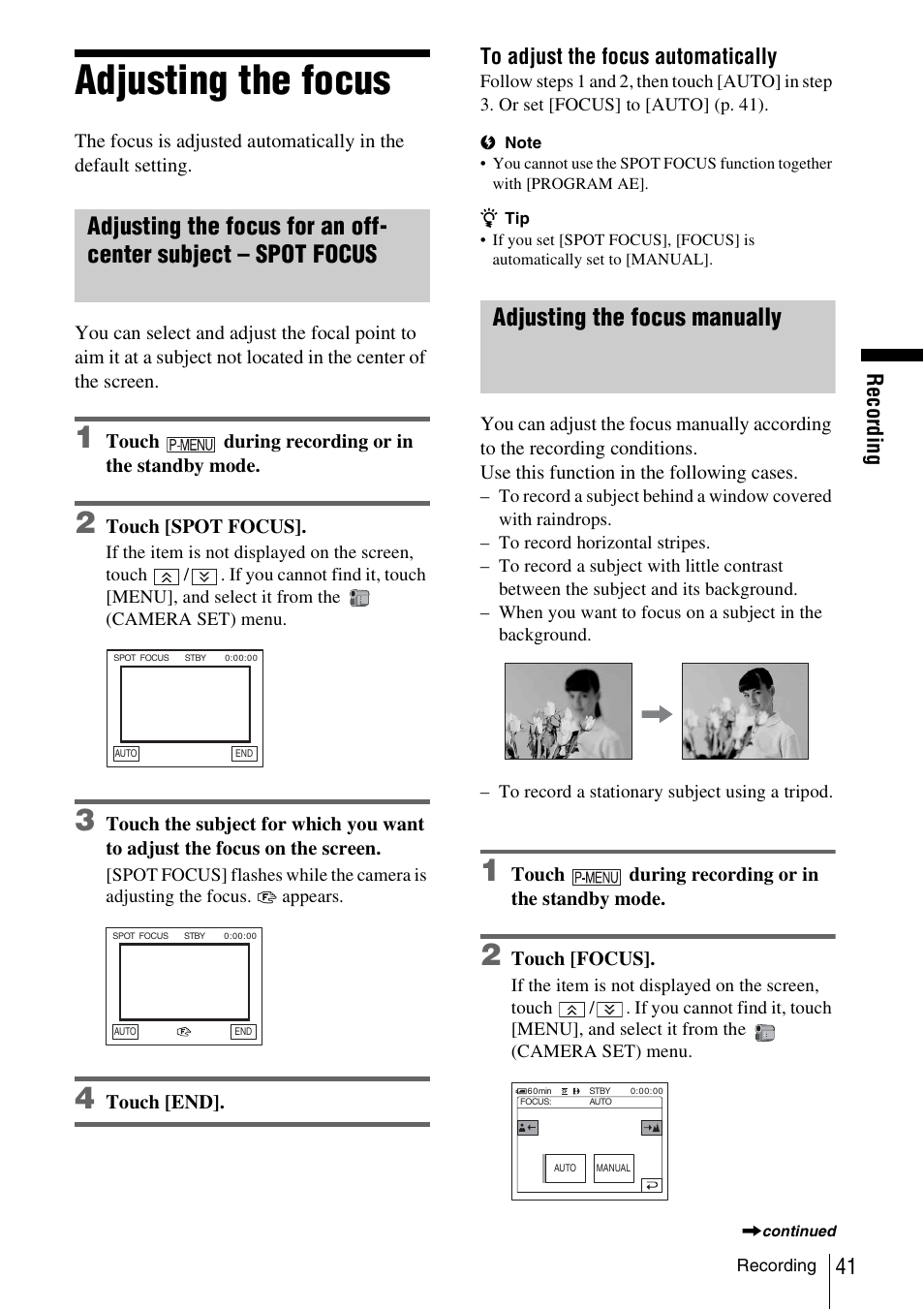 Adjusting the focus, Adjusting the focus manually, Recor d ing | Sony DCR-TRV480 User Manual | Page 41 / 156