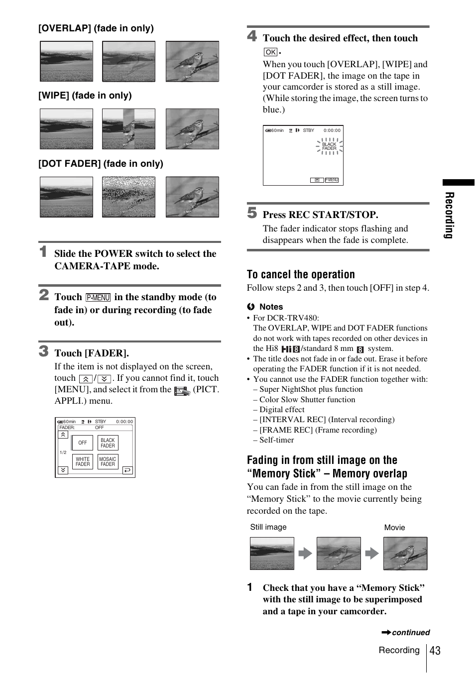 Recor d ing | Sony DCR-TRV480 User Manual | Page 43 / 156