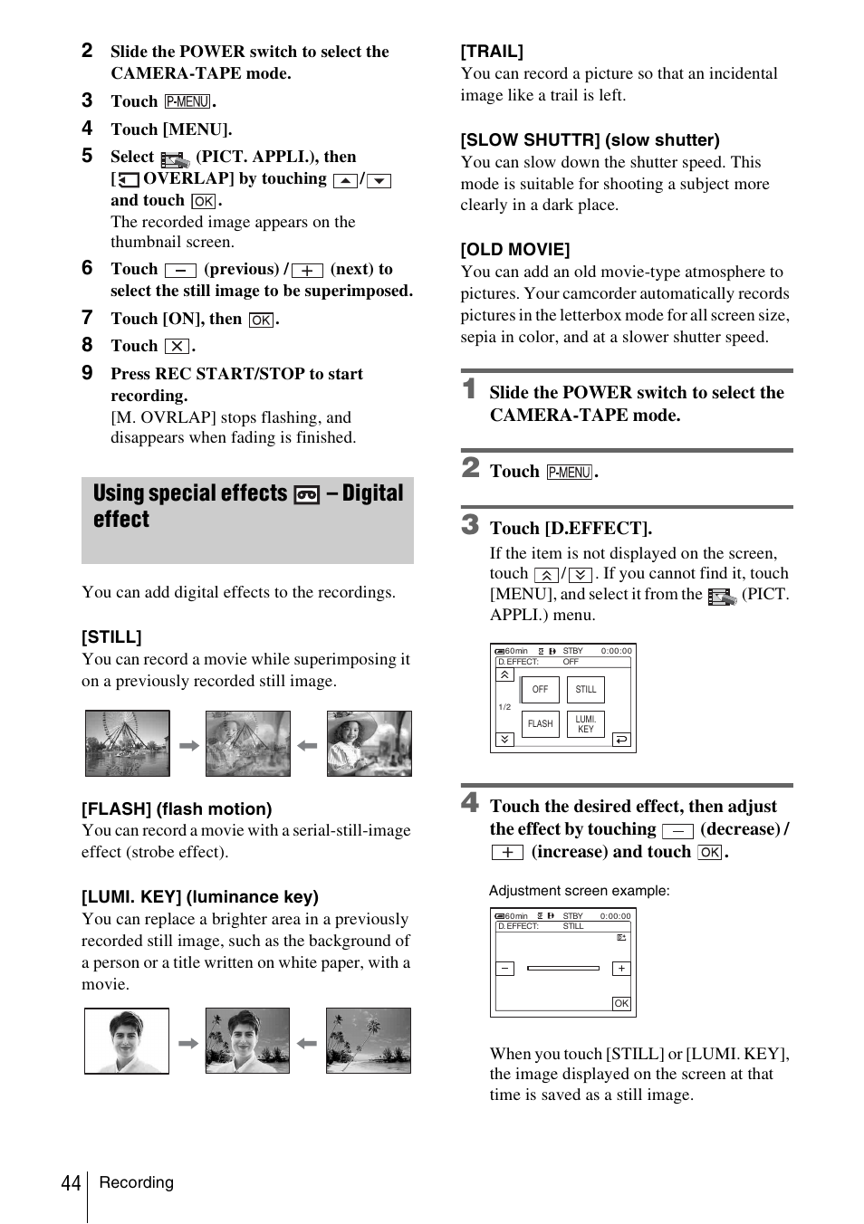 Using special effects – digital effect, Using special effects, Digital effect | Sony DCR-TRV480 User Manual | Page 44 / 156