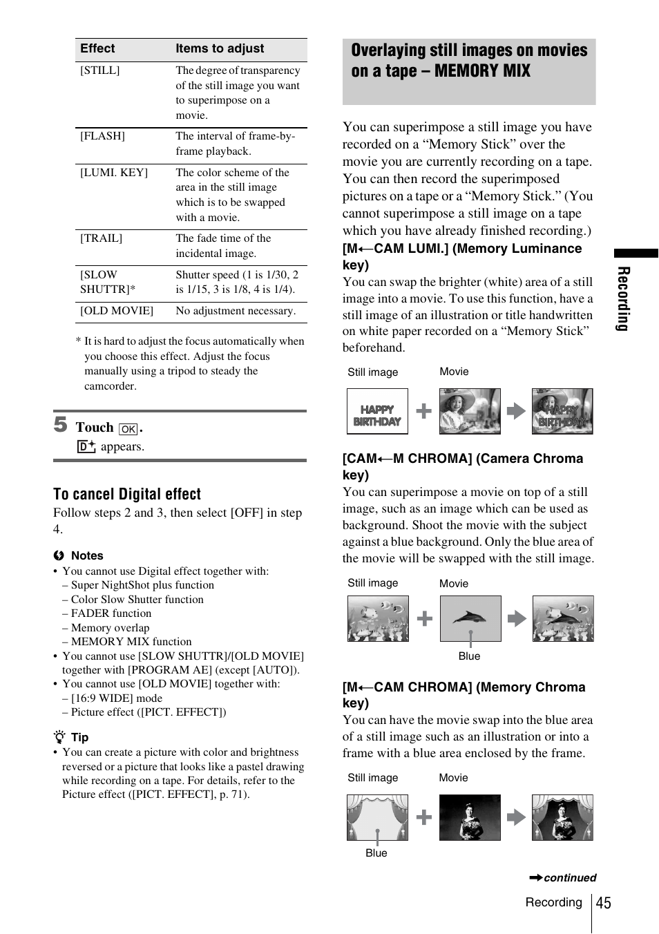 Recor d ing | Sony DCR-TRV480 User Manual | Page 45 / 156