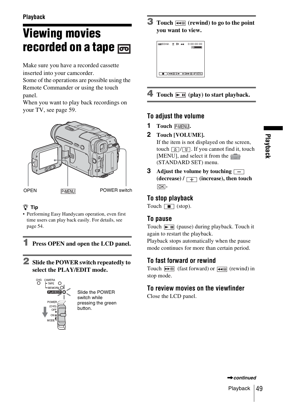 Playback, Viewing movies recorded on a tape | Sony DCR-TRV480 User Manual | Page 49 / 156