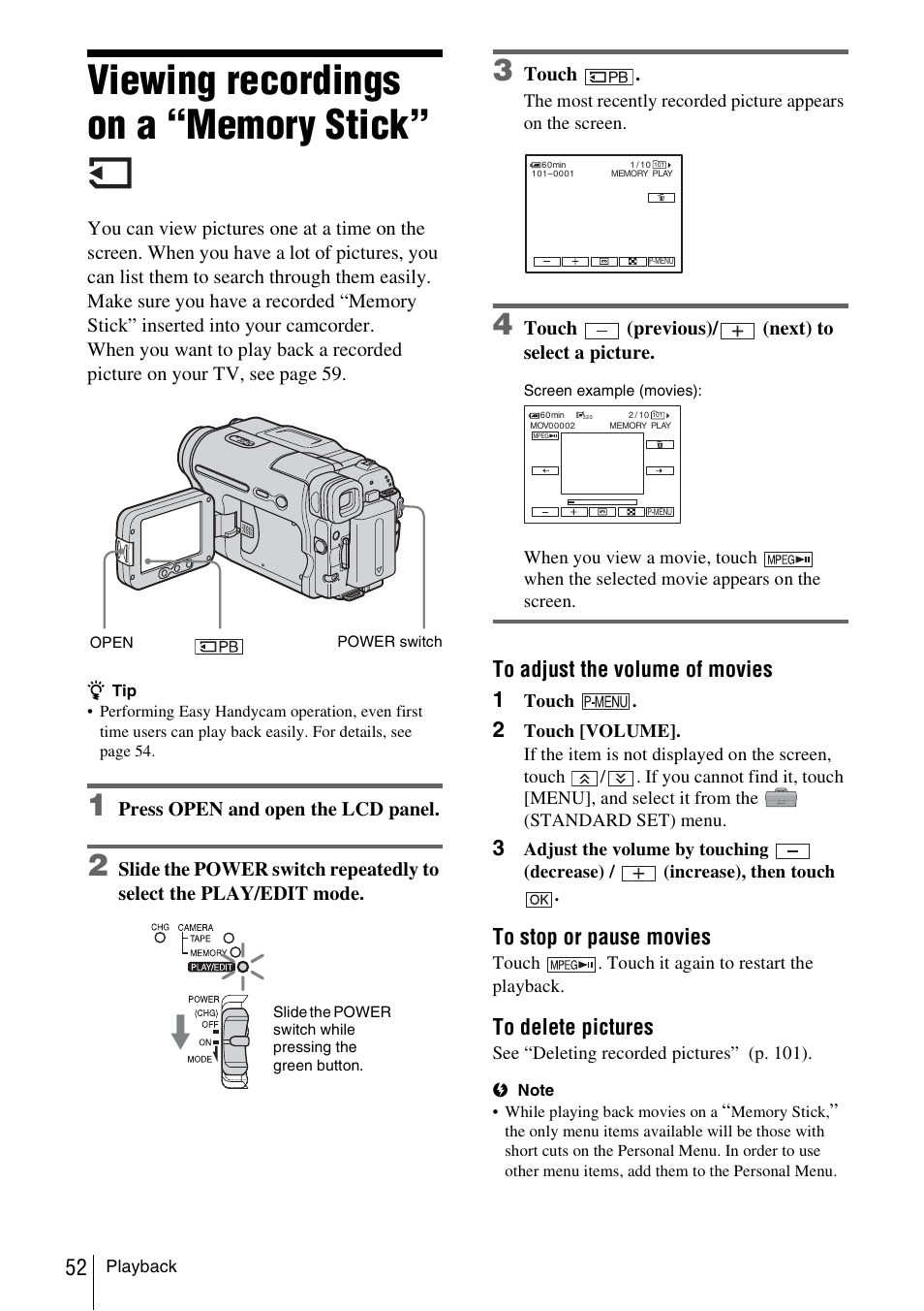 Viewing recordings on a “memory stick | Sony DCR-TRV480 User Manual | Page 52 / 156