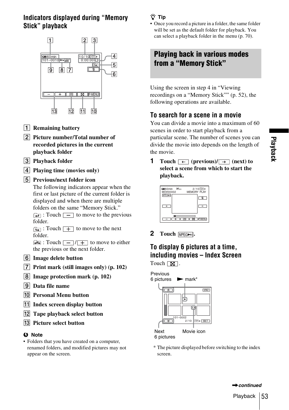 Playing back in various modes from a “memory stick, Pla yba ck | Sony DCR-TRV480 User Manual | Page 53 / 156