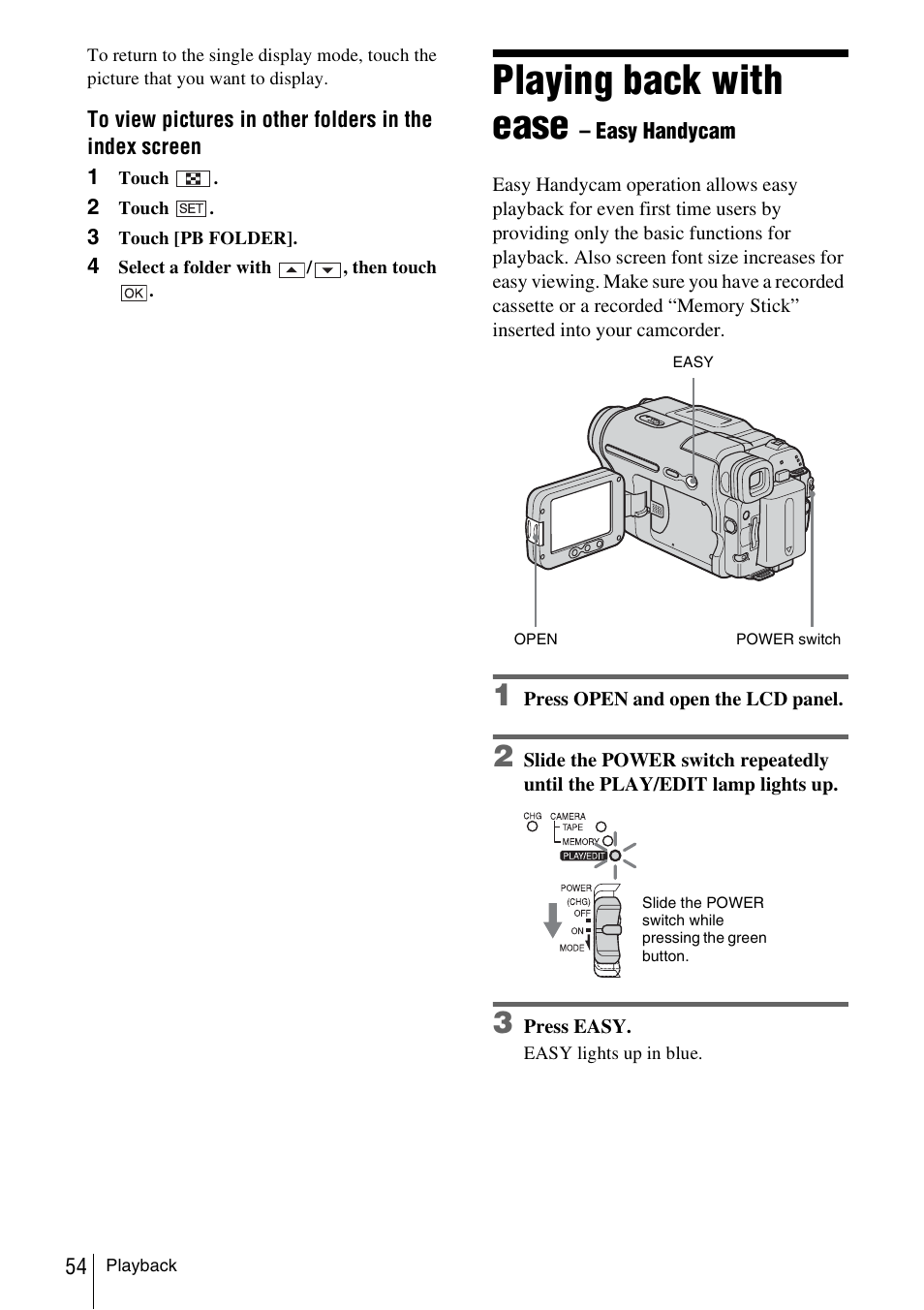 Playing back with ease – easy handycam, Playing back with ease | Sony DCR-TRV480 User Manual | Page 54 / 156