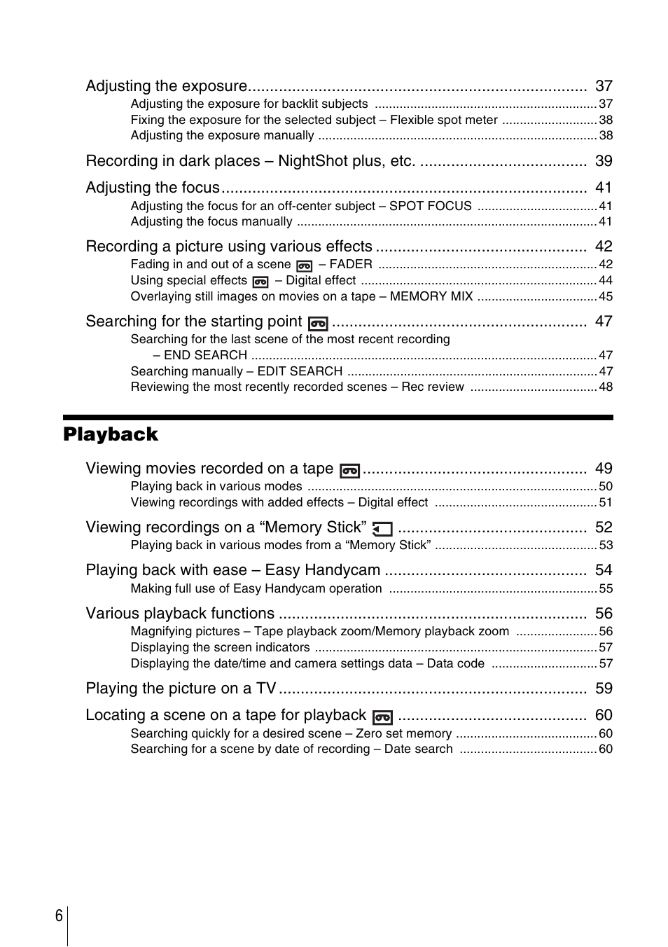 Playback | Sony DCR-TRV480 User Manual | Page 6 / 156