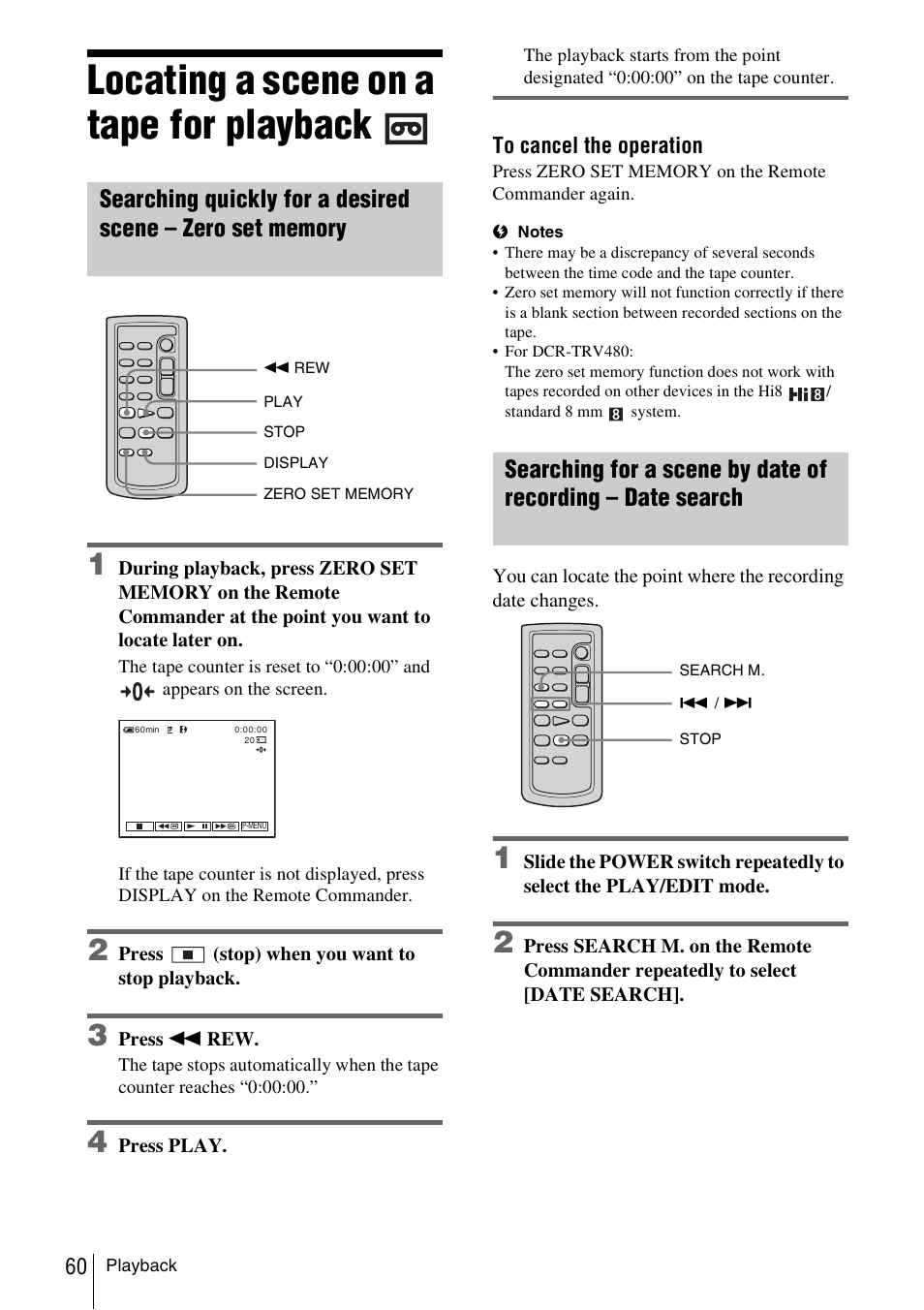 Locating a scene on a tape for playback | Sony DCR-TRV480 User Manual | Page 60 / 156