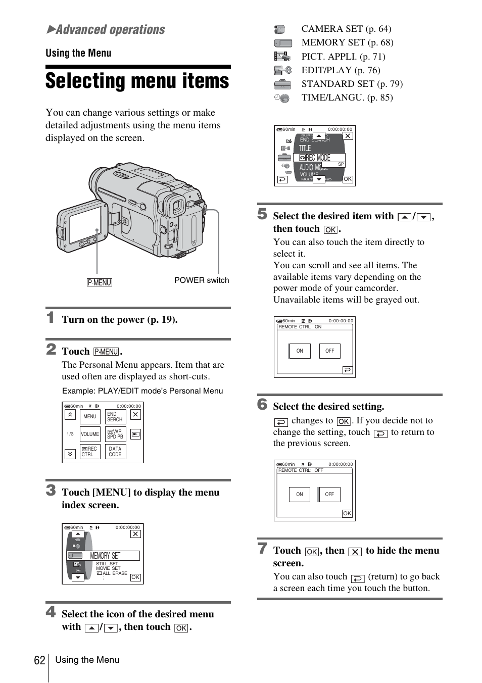 Using the menu, Selecting menu items, Advanced operations | P. 62) | Sony DCR-TRV480 User Manual | Page 62 / 156