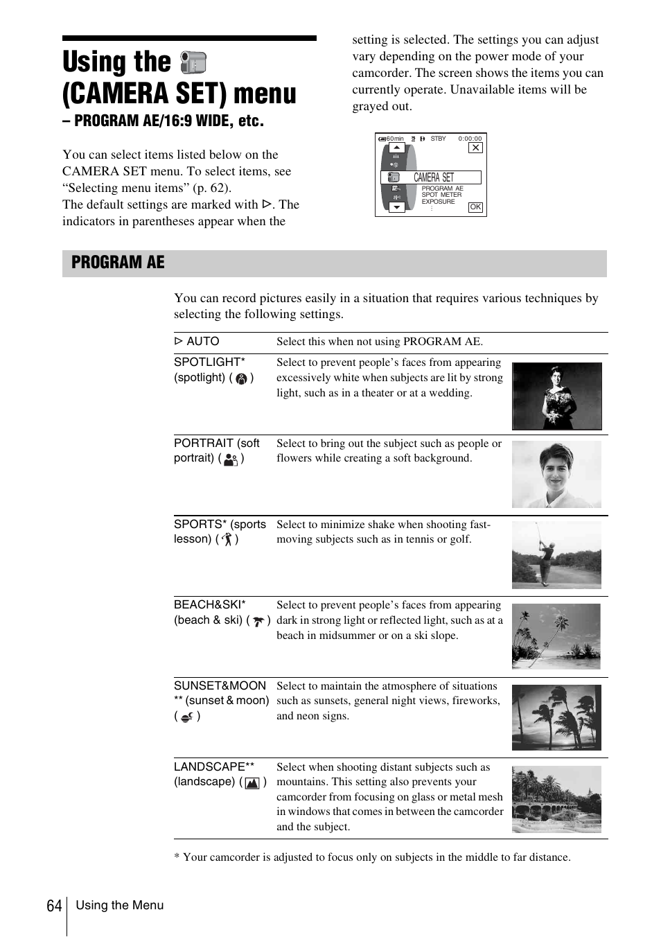 Using the, Camera set) menu, Program ae/16:9 wide, etc | Et (p. 64), Using the (camera set) menu, Program ae | Sony DCR-TRV480 User Manual | Page 64 / 156