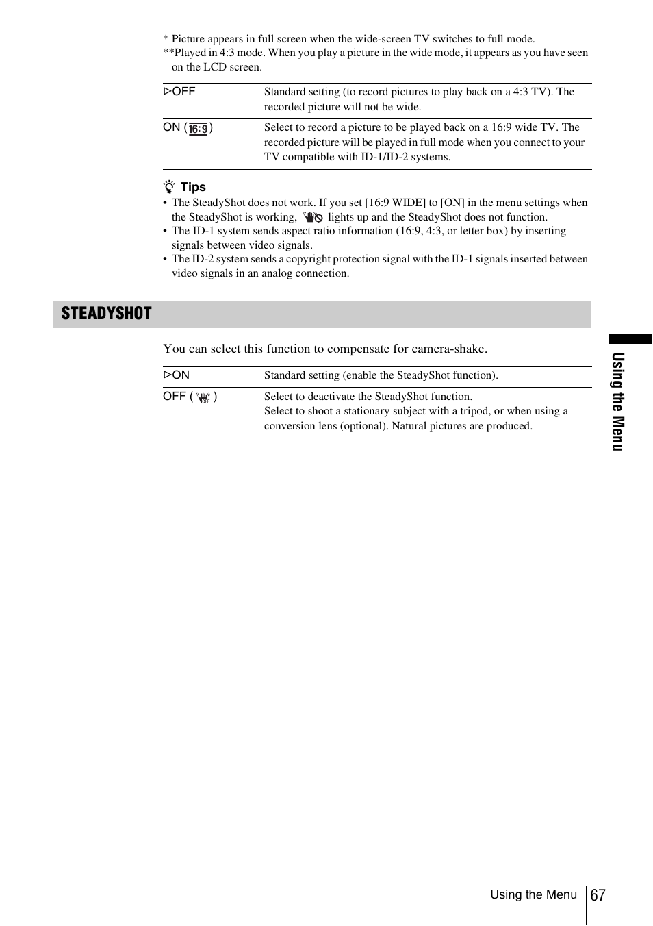 Steadyshot | Sony DCR-TRV480 User Manual | Page 67 / 156