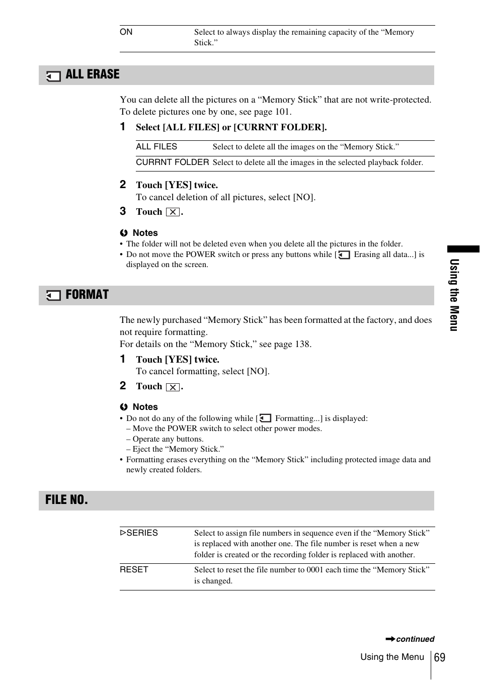 All erase, Format, File no | Sony DCR-TRV480 User Manual | Page 69 / 156
