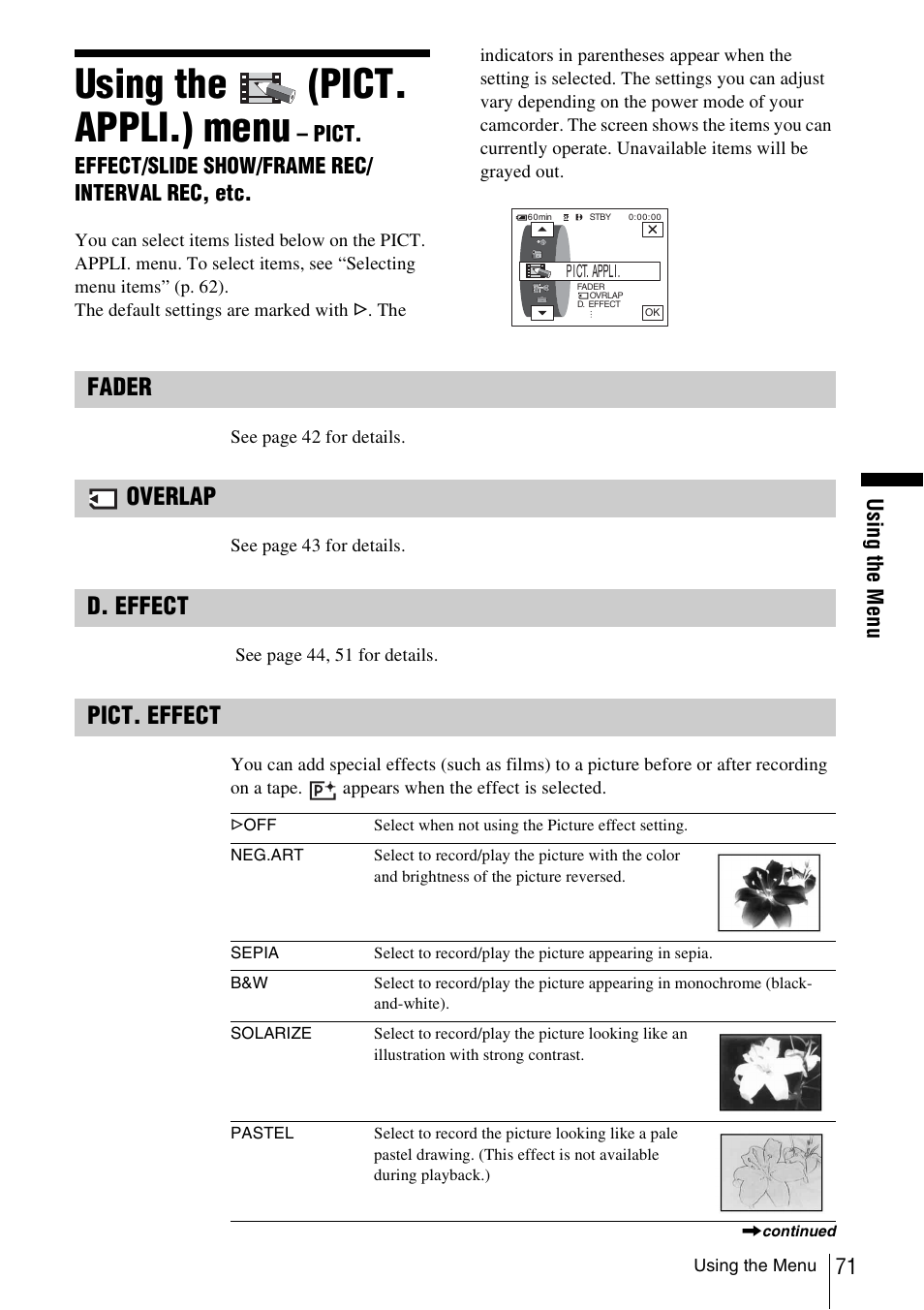 Using the, Pict. appli.) menu, P. 71) | Using the (pict. appli.) menu, Fader, Overlap, D. effect, Pict. effect | Sony DCR-TRV480 User Manual | Page 71 / 156
