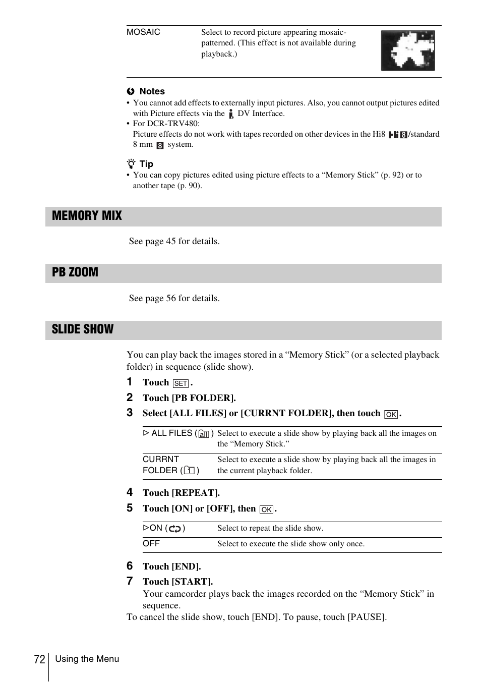 Pb zoom, Slide show | Sony DCR-TRV480 User Manual | Page 72 / 156