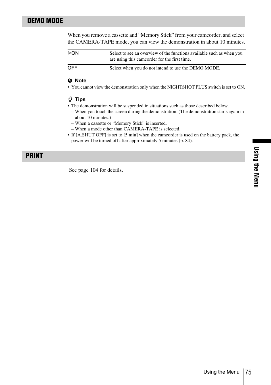 Demo mode, Print | Sony DCR-TRV480 User Manual | Page 75 / 156