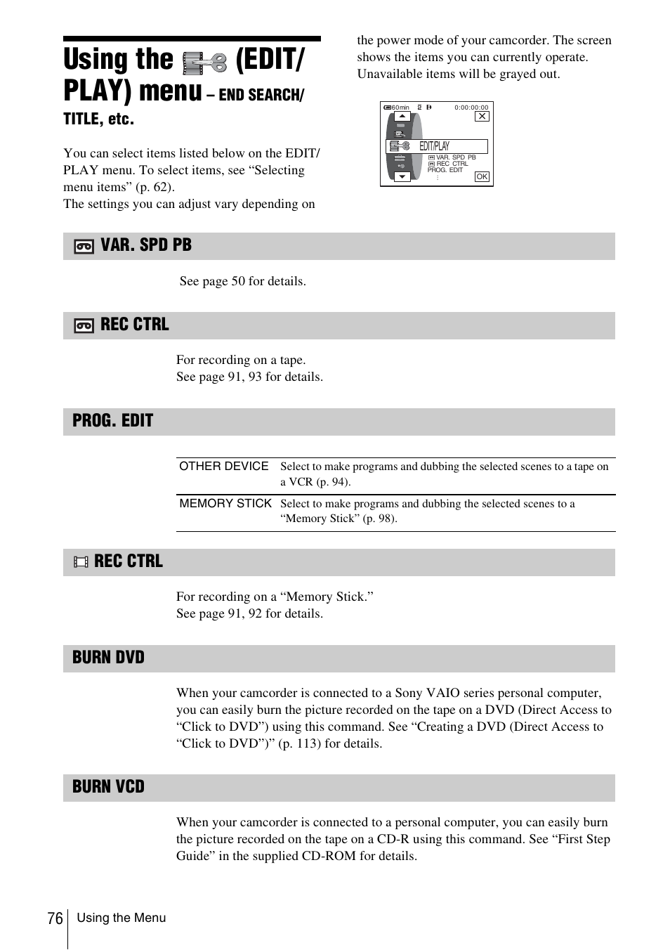 Using the, Edit/play) menu, Search/title, etc | P. 76), Using the (edit/ play) menu, Var. spd pb, Rec ctrl, Prog. edit, Burn dvd, Burn vcd | Sony DCR-TRV480 User Manual | Page 76 / 156
