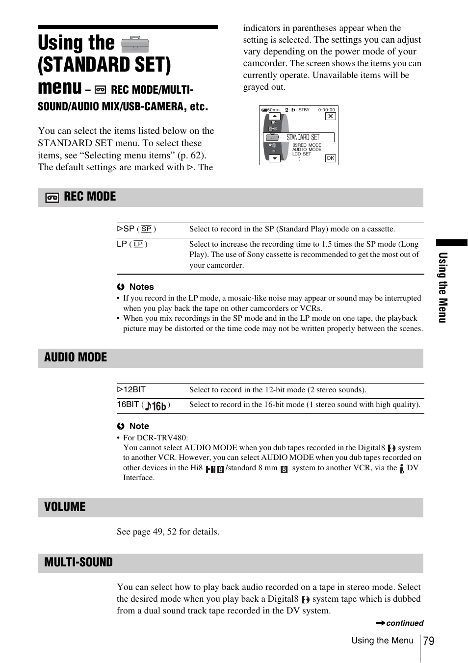 Using the, Standard set) menu, Rec mode/multi-sound/audio mix/usb-camera, etc | P. 79), T (p. 79), Using the (standard set) menu, Rec mode, Audio mode, Volume, Multi-sound | Sony DCR-TRV480 User Manual | Page 79 / 156