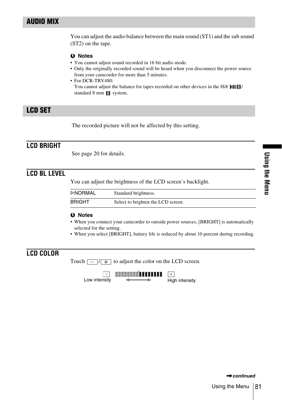 P. 81), Audio mix, Lcd set | Lcd bright, Lcd bl level, Lcd color | Sony DCR-TRV480 User Manual | Page 81 / 156