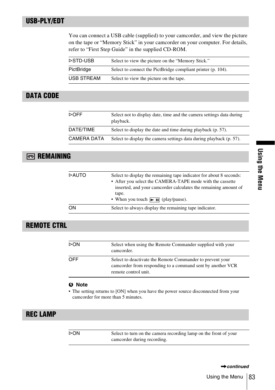 Usb-ply/edt, Data code remaining remote ctrl, Rec lamp | Sony DCR-TRV480 User Manual | Page 83 / 156