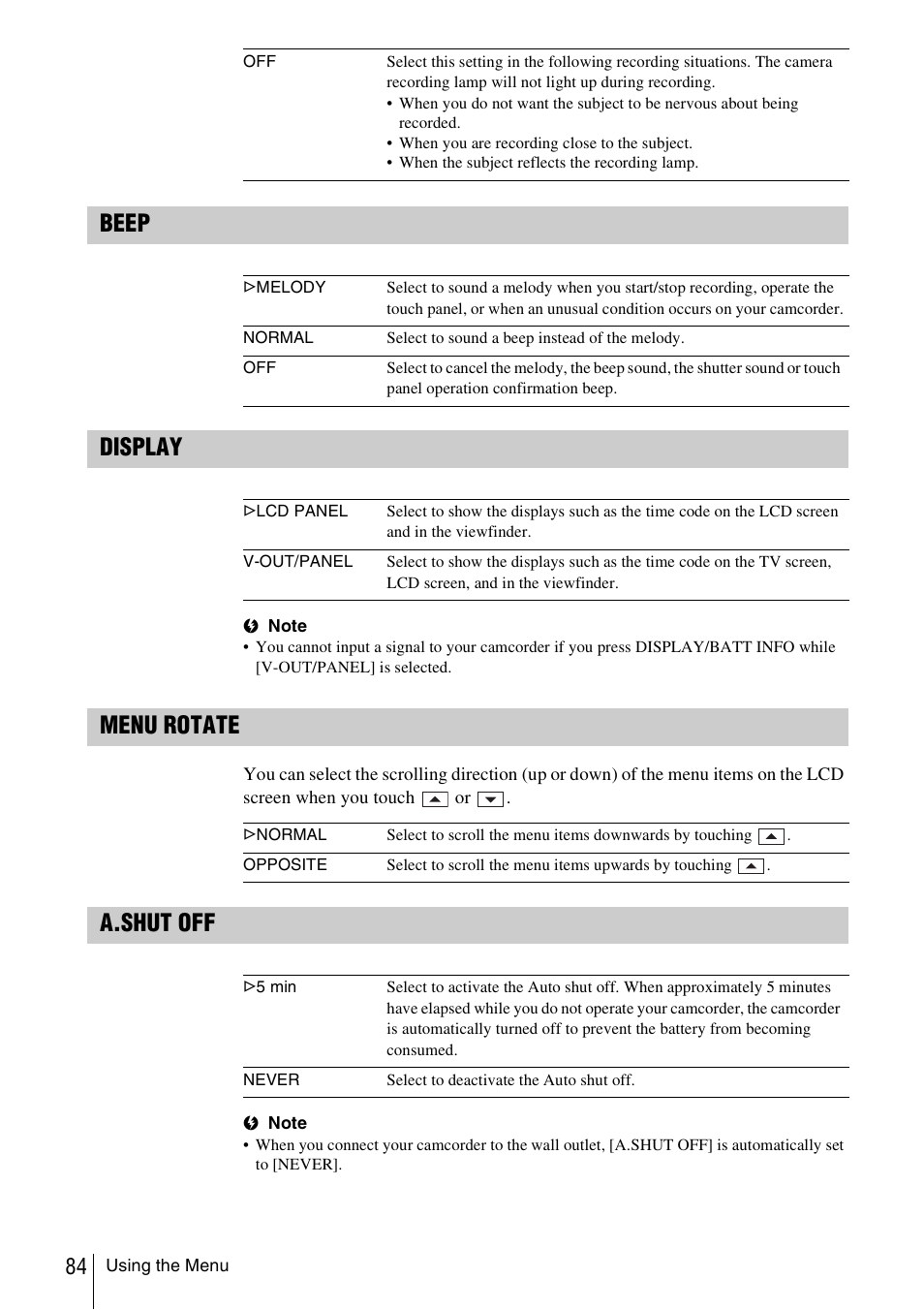 P. 84), P. 84). to, Beep display | Menu rotate, A.shut off | Sony DCR-TRV480 User Manual | Page 84 / 156