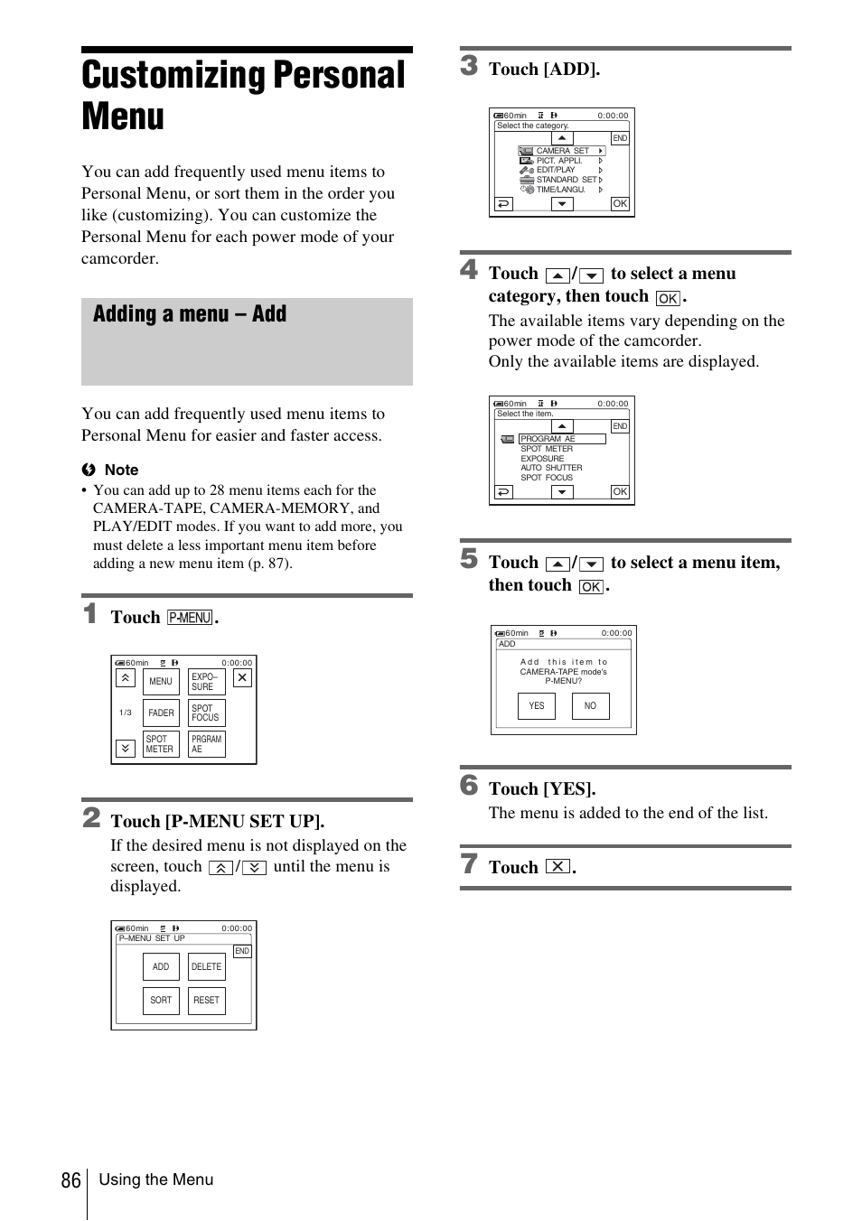 Customizing personal menu, Adding a menu – add, Touch | Touch [p-menu set up, Touch [add, Touch / to select a menu category, then touch, Touch / to select a menu item, then touch, Touch [yes | Sony DCR-TRV480 User Manual | Page 86 / 156
