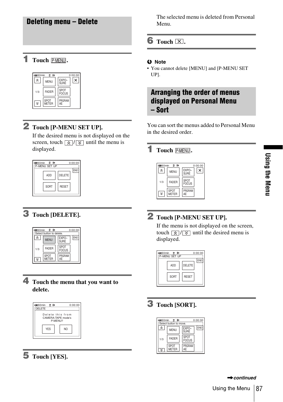 Deleting menu – delete, Touch, Touch [p-menu set up | Touch [delete, Touch the menu that you want to delete, Touch [yes, Touch [sort, The selected menu is deleted from personal menu | Sony DCR-TRV480 User Manual | Page 87 / 156