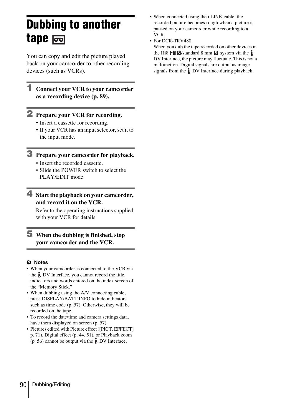 Dubbing to another tape, P. 90) | Sony DCR-TRV480 User Manual | Page 90 / 156