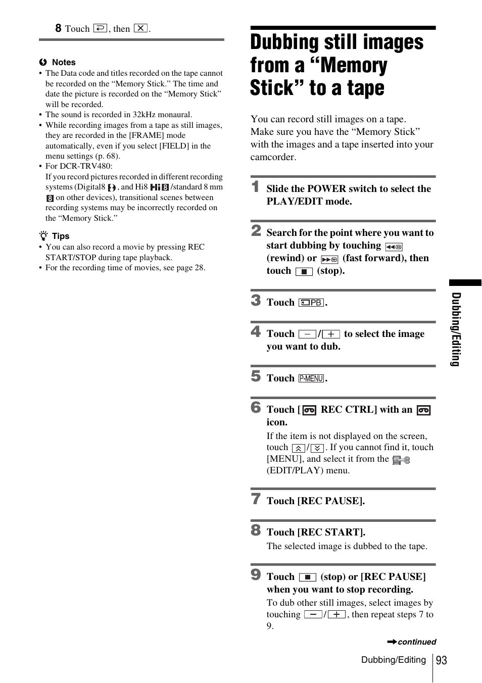 Dubbing still images from a “memory stick, To a tape | Sony DCR-TRV480 User Manual | Page 93 / 156