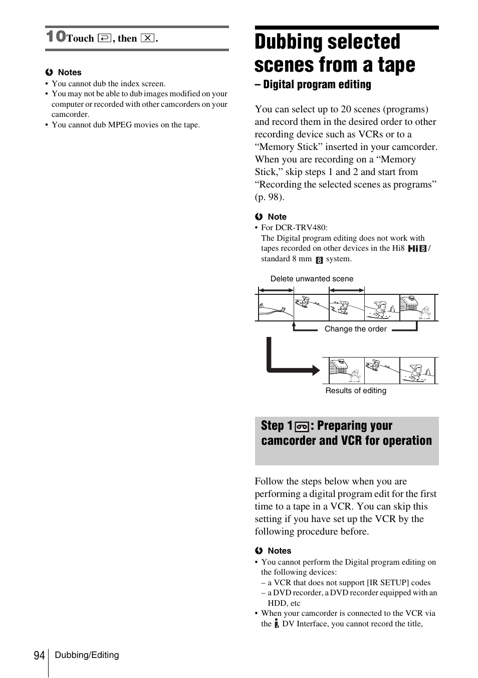 Dubbing selected scenes from a tape, Digital program editing, P. 94) | Sony DCR-TRV480 User Manual | Page 94 / 156