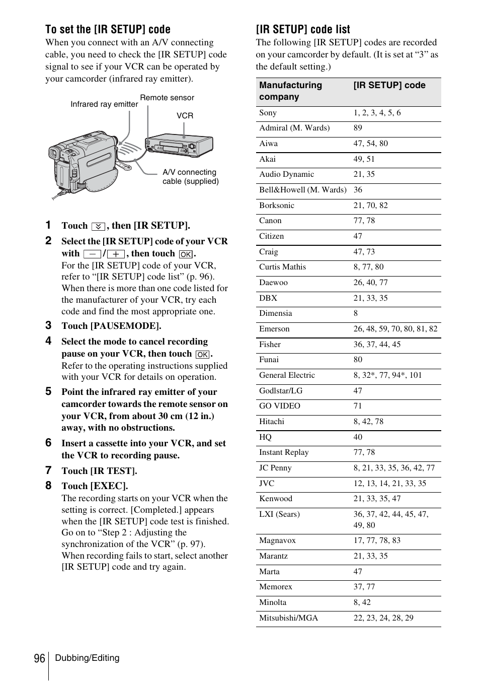 N “to set the [ir setup] code” (p. 96), 96 to set the [ir setup] code, Ir setup] code list | Sony DCR-TRV480 User Manual | Page 96 / 156