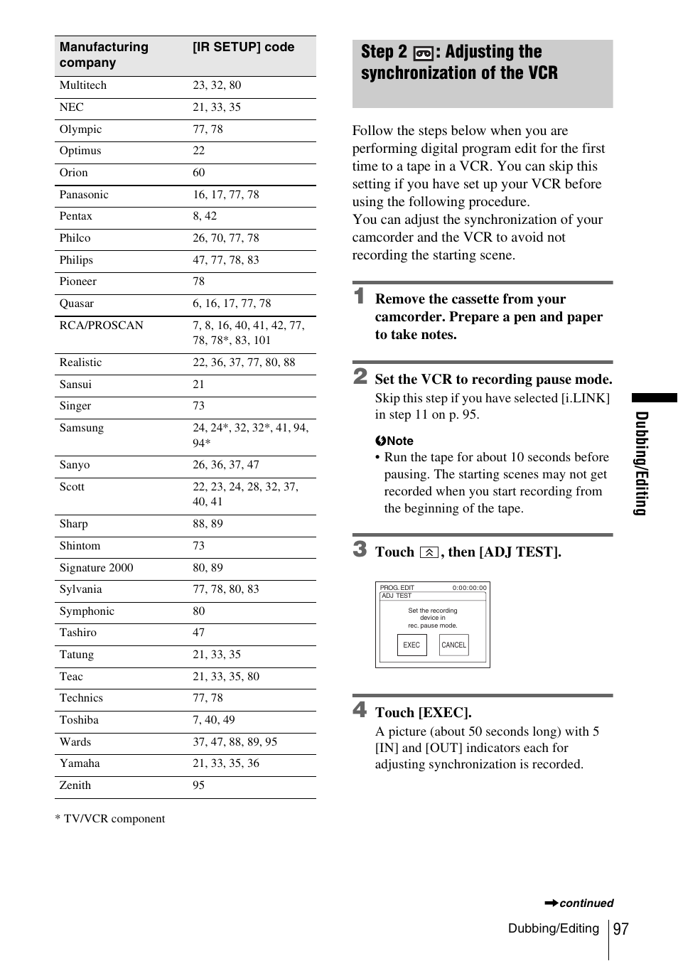 Step, Step 2 : adjusting the synchronization of the vcr, 97 du b b in g /e d itin g | Sony DCR-TRV480 User Manual | Page 97 / 156