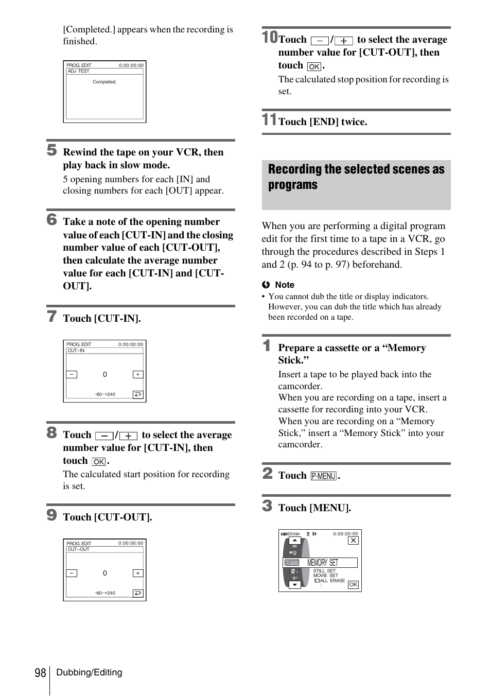 P. 98), Recording the selected scenes as programs | Sony DCR-TRV480 User Manual | Page 98 / 156