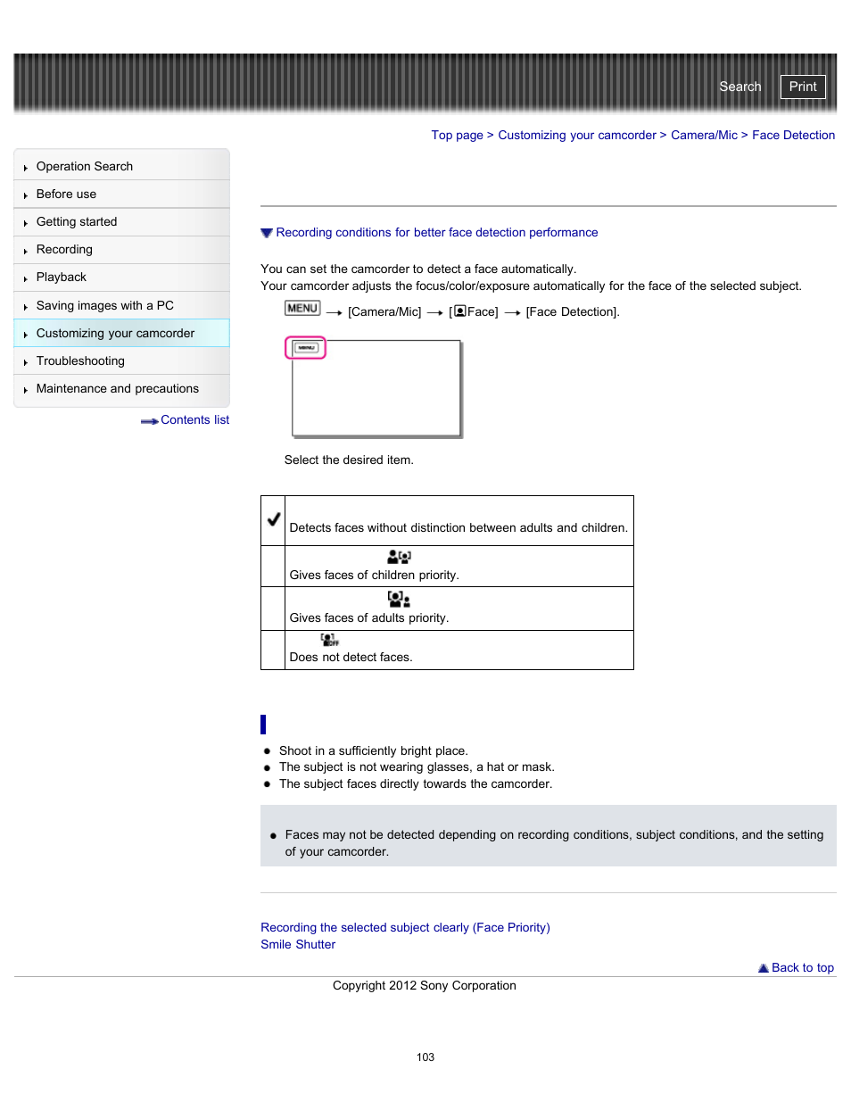 Face detection, Handycam" user guide | Sony HDR-GW77V User Manual | Page 103 / 211