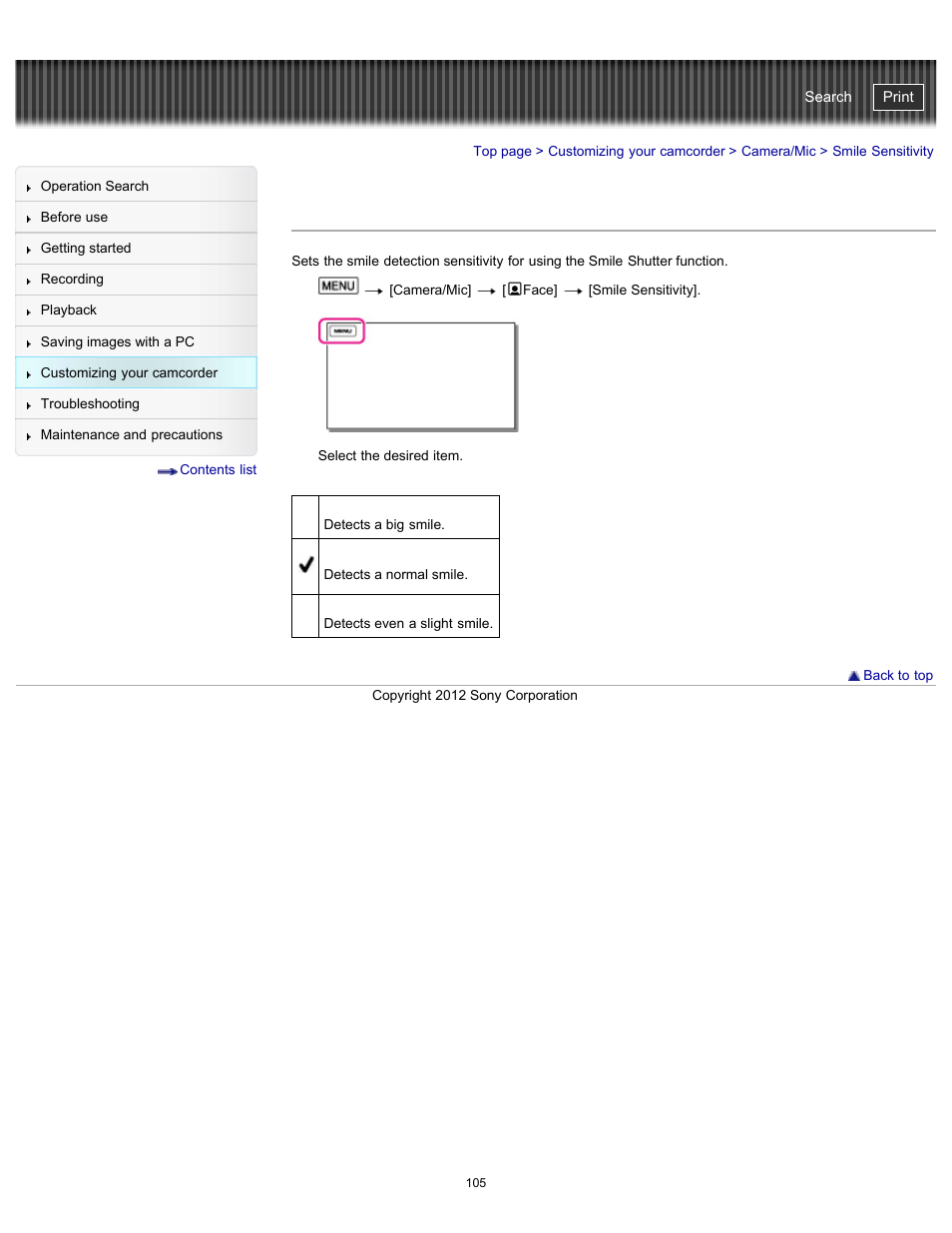 Smile sensitivity, Handycam" user guide | Sony HDR-GW77V User Manual | Page 105 / 211